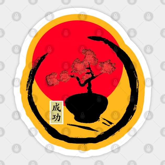 Rising red sun on a enso circle brush stroke design - Blooming red cherry blossoms Sticker by Trippy Critters